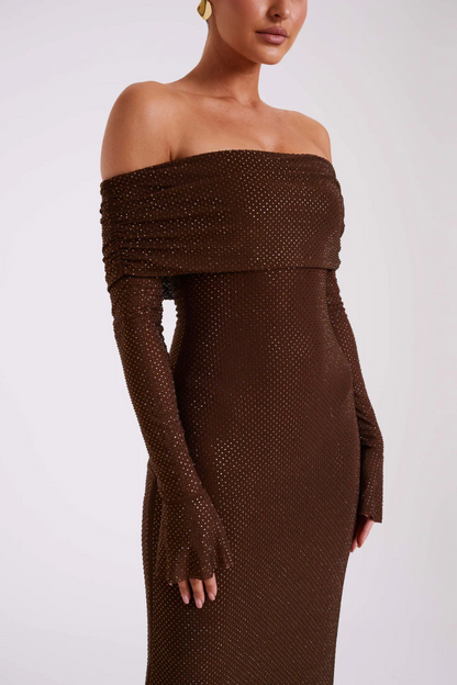| Off Shoulder Shimmer Knit Evening Dress