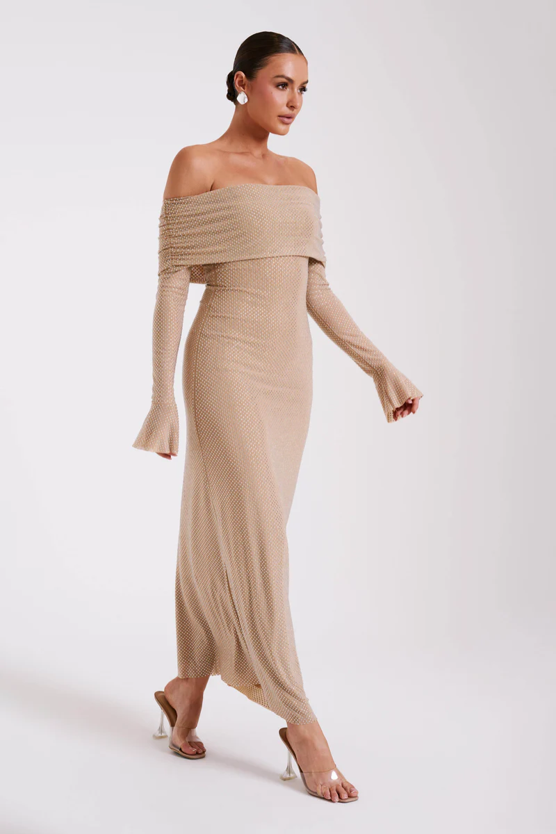 | Off Shoulder Shimmer Knit Evening Dress