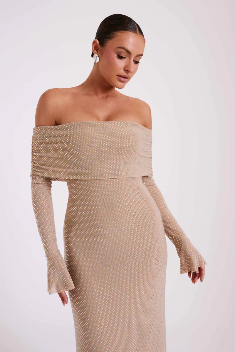 | Off Shoulder Shimmer Knit Evening Dress