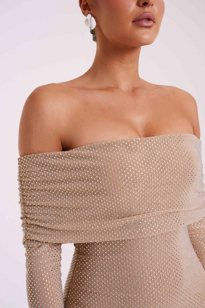 | Off Shoulder Shimmer Knit Evening Dress