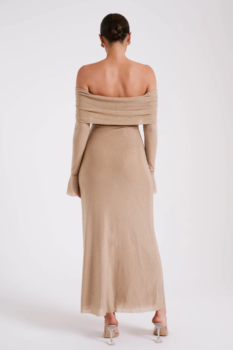 | Off Shoulder Shimmer Knit Evening Dress