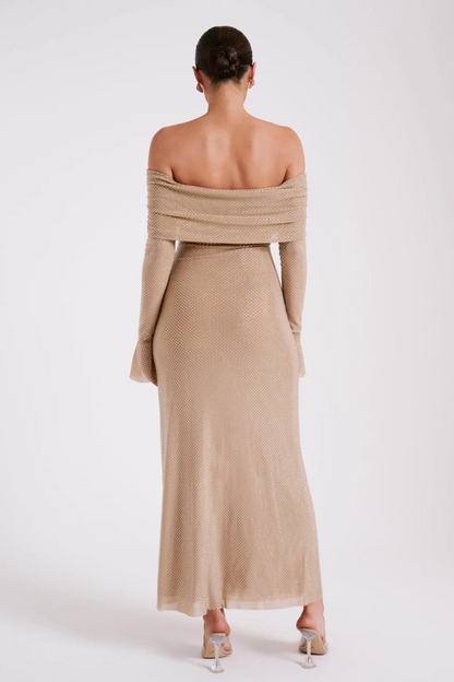 | Off Shoulder Shimmer Knit Evening Dress