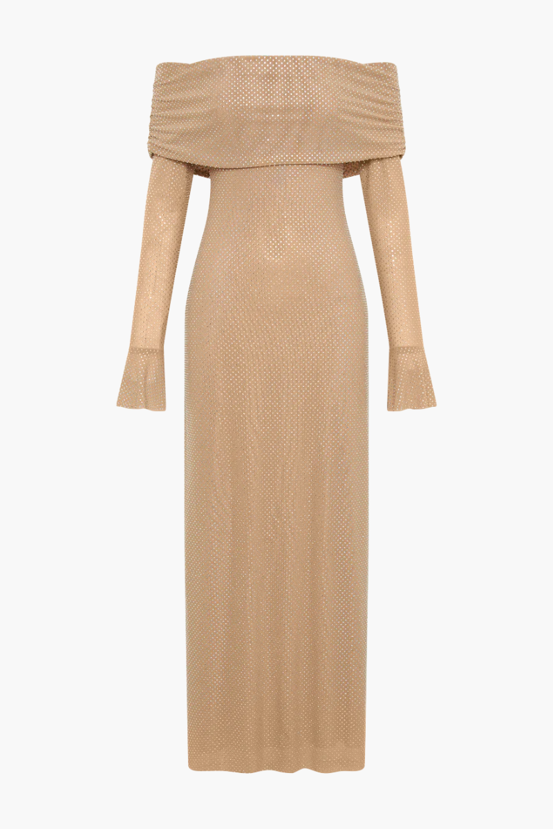 | Off Shoulder Shimmer Knit Evening Dress