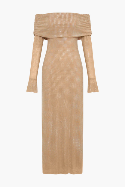 | Off Shoulder Shimmer Knit Evening Dress