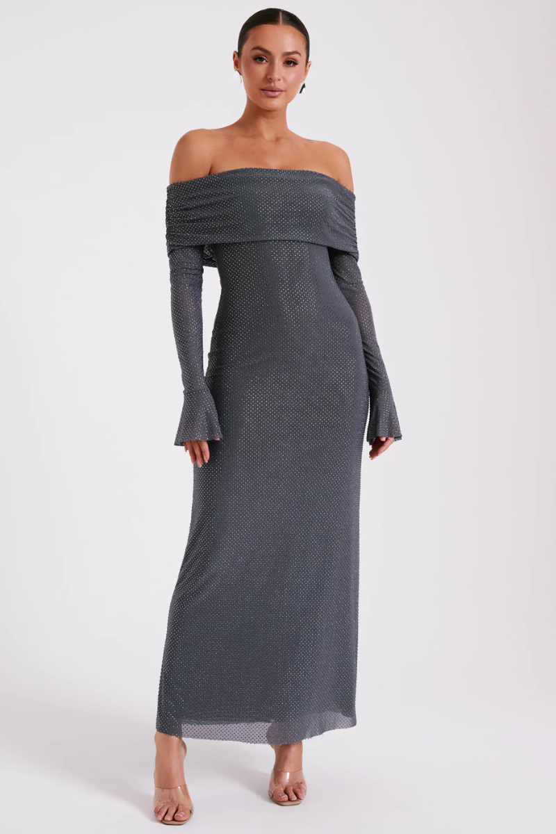 | Off Shoulder Shimmer Knit Evening Dress