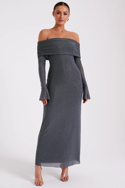 | Off Shoulder Shimmer Knit Evening Dress