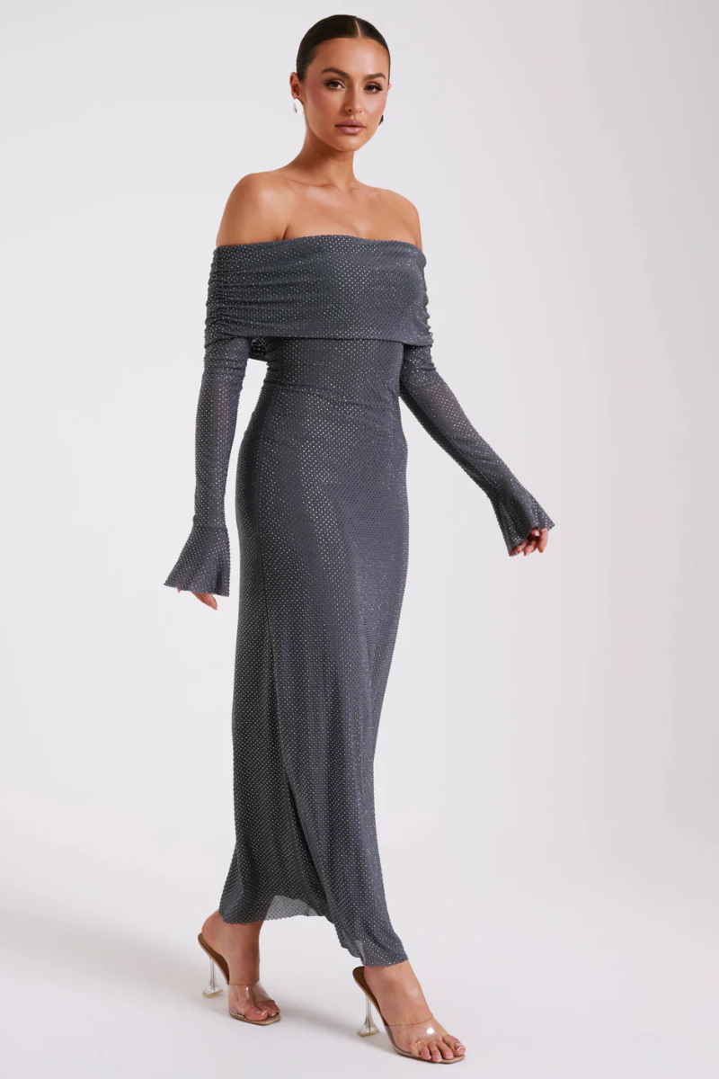 | Off Shoulder Shimmer Knit Evening Dress