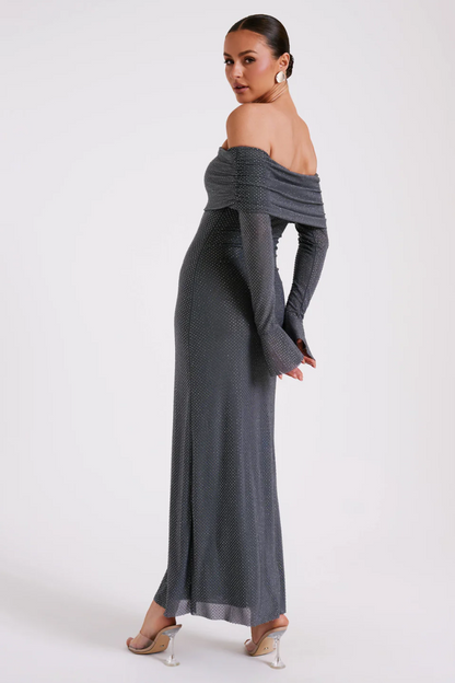 | Off Shoulder Shimmer Knit Evening Dress