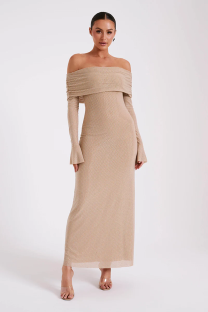 | Off Shoulder Shimmer Knit Evening Dress