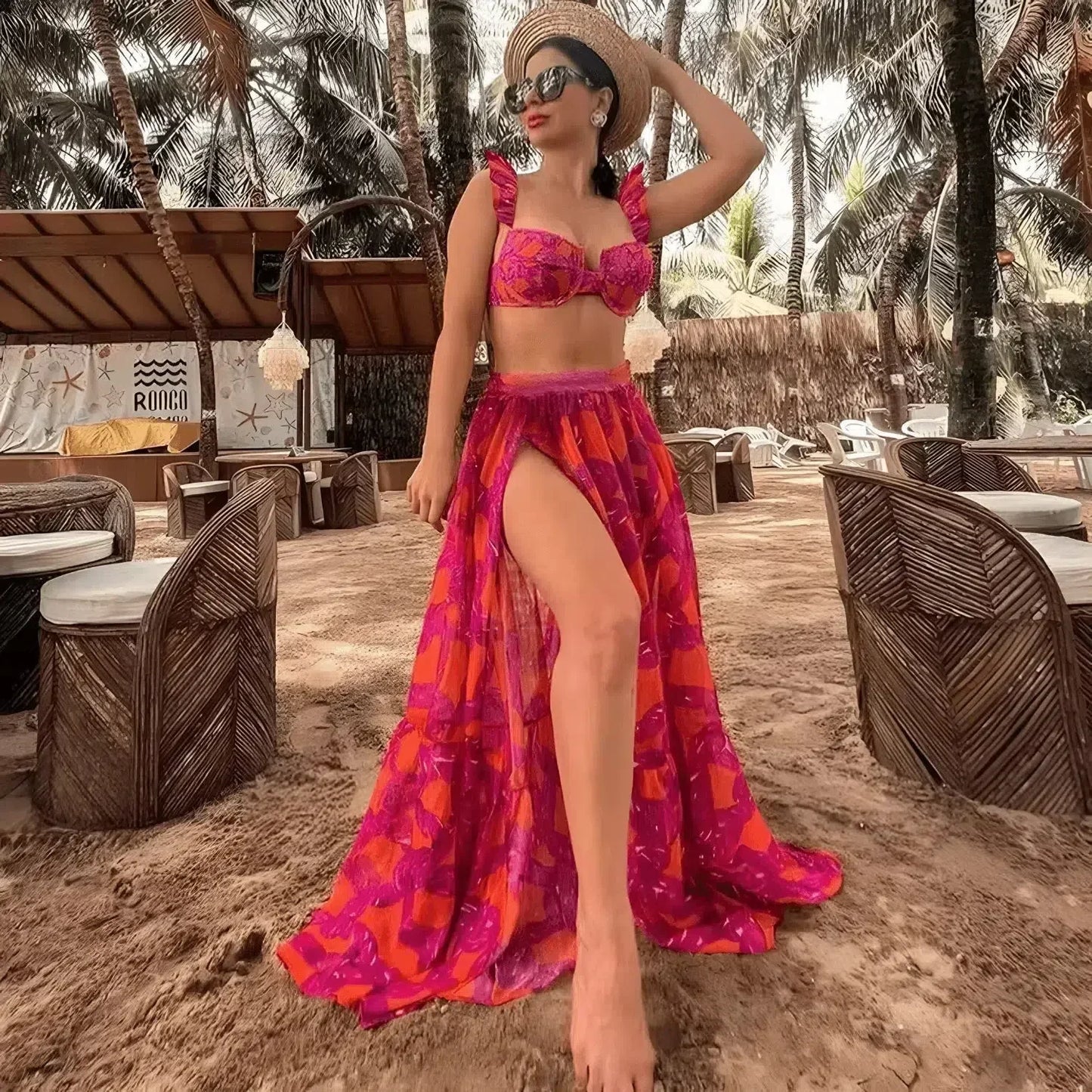 | Ruffled Bikini and Slit Skirt Set - Pink
