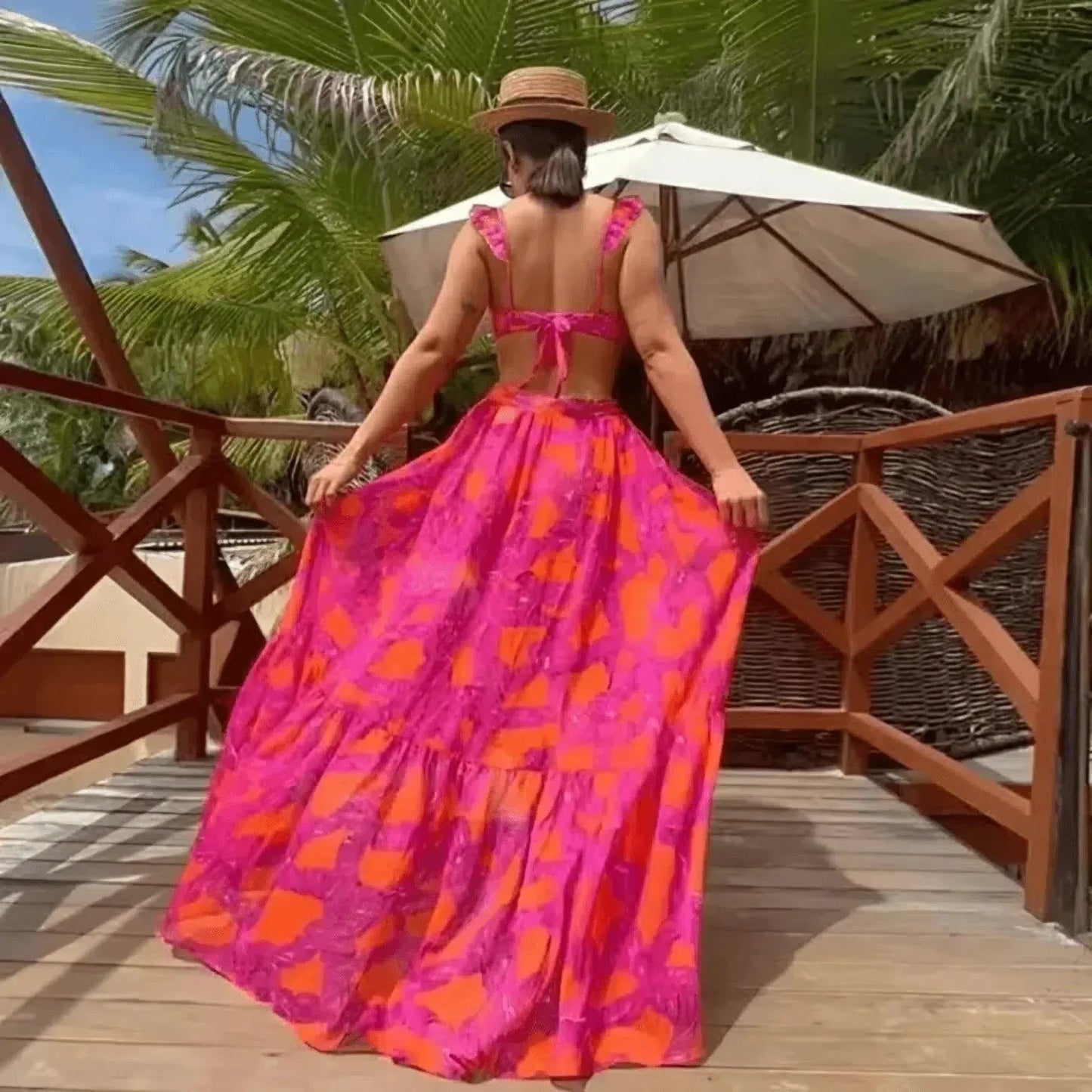 | Ruffled Bikini and Slit Skirt Set - Pink