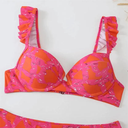 | Ruffled Bikini and Slit Skirt Set - Pink