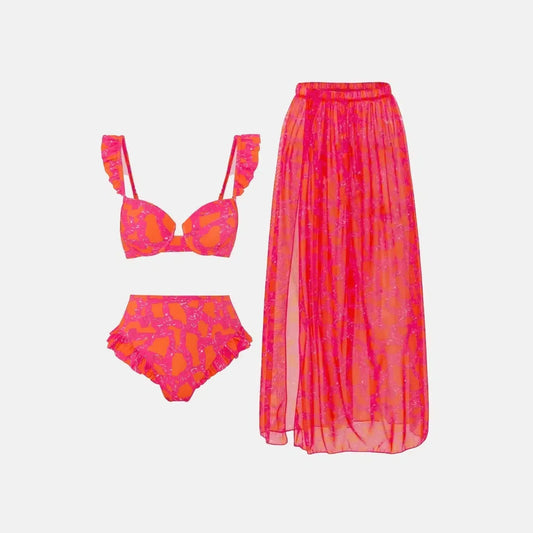 | Ruffled Bikini and Slit Skirt Set - Pink