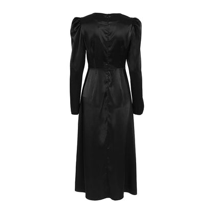 Black Thick Matte Satin round Neck Puff Sleeve Russian Office