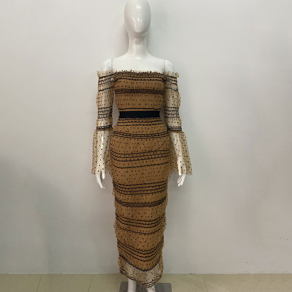 Bubble Sleeve Square Collar Mesh Sequ Stitching Elegant Bandage One Piece Dress