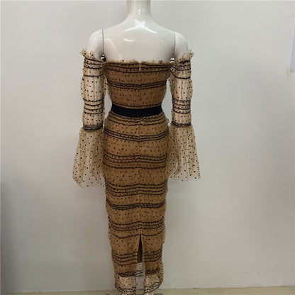 Bubble Sleeve Square Collar Mesh Sequ Stitching Elegant Bandage One Piece Dress
