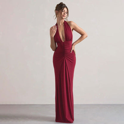Elegant Slim Fit V neck Halter Pleated Slimming Foundation Dress