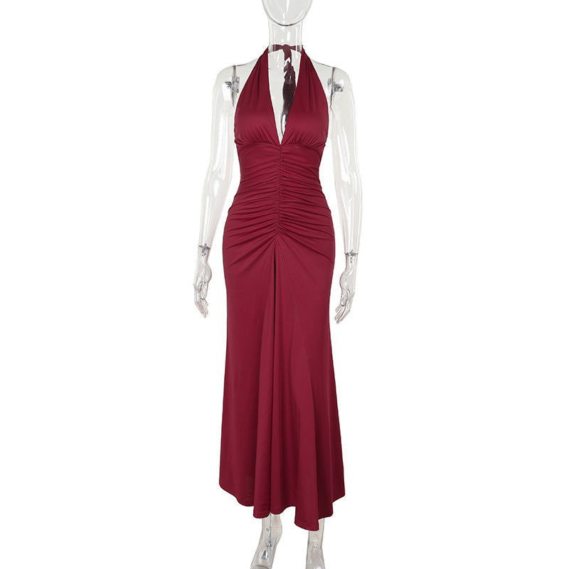 Elegant Slim Fit V neck Halter Pleated Slimming Foundation Dress