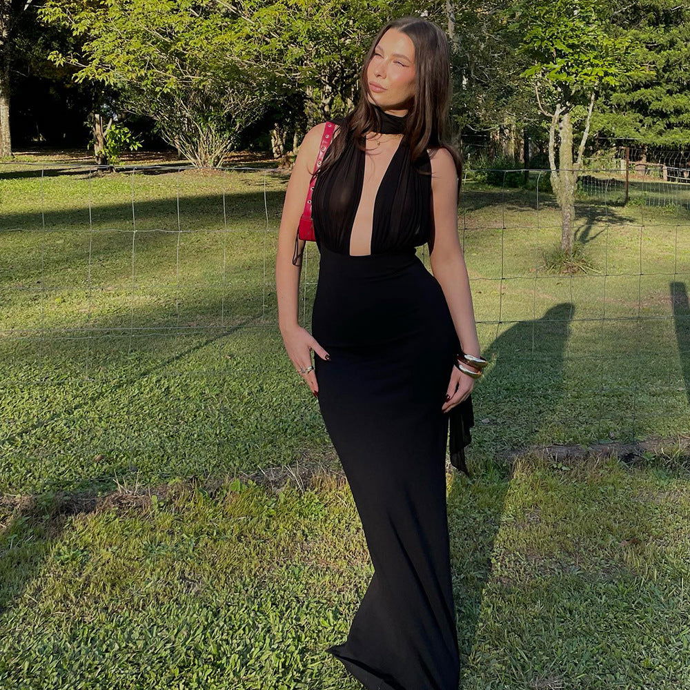 Elegant Black White Slim Halter Maxi Dress One Shoulder Backless Dress