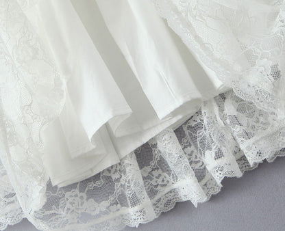 Lace Stitching Elegant Lady Lotus Rhizome Node Solid Color Dress Short Dress