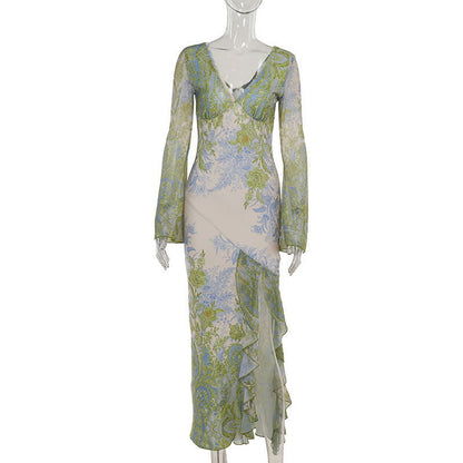 Maxi Dress Elegant Slim Print Irregular Asymmetric Hem