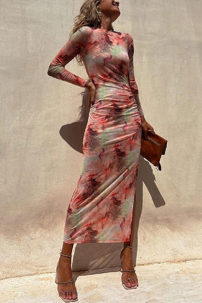 Mesh Print Slim Stretch Long Sleeve Dress