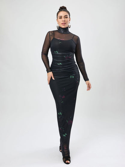 Printed Mesh See Through Dress Turtleneck Long Sleeve Spaghetti Strap Two Piece Maxi Dress