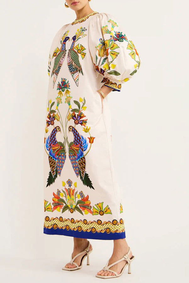 Printed Peacock Round Neck Dress Amplified craft