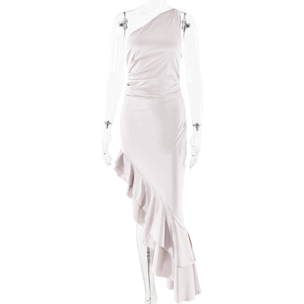 Oblique Shoulder Sleeveless Hip Backless High Slit Slim Fit Dress