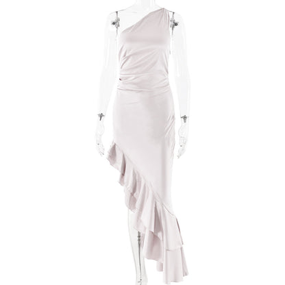 Oblique Shoulder Sleeveless Hip Backless High Slit Slim Fit Dress