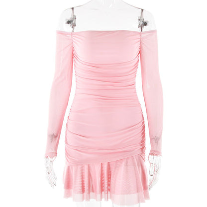 Pleated Tube Top Dress Long Sleeve Slim Fit