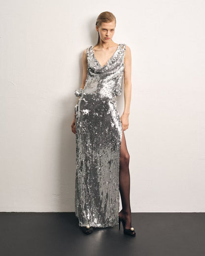 Evening Dress Maxi Dress Sequin Lace Dress Three Dimensional Floral Dress