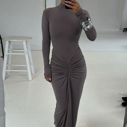 Beam Waist Solid Color Maxi Dress Pleated Dress
