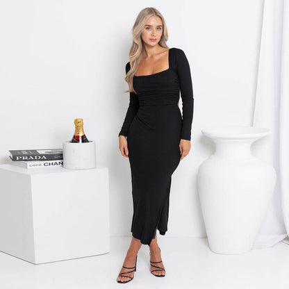 Black Square Collar Long-Sleeved Dress Backless Lace Split Maxi