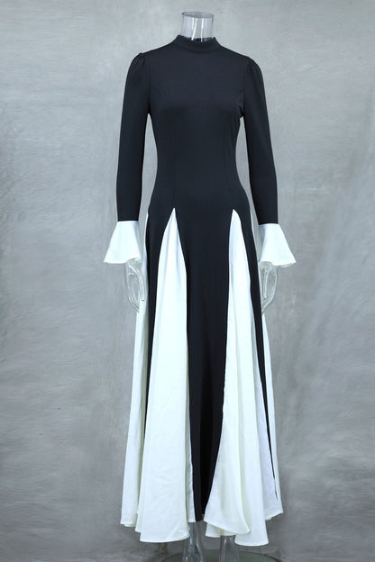 Black White Contrast Color Elegant Ruffle Long Sleeve Big Hem Dress