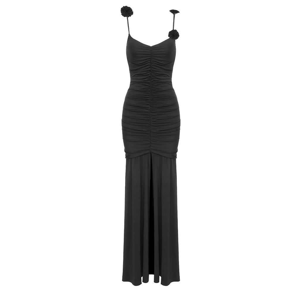 Black White Two Color Three Dimensional Floral Pleated Ice Silk Suspender Evening Dress