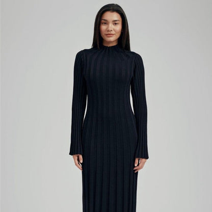 Knitted Dress Casual Waist Tight round Neck Large Pit High Collar Slimming Knitted Maxi Dress for