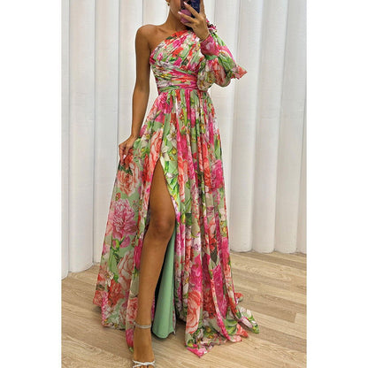 Party Casual Split Dress Loose Multi Color Oblique Shoulder Dress