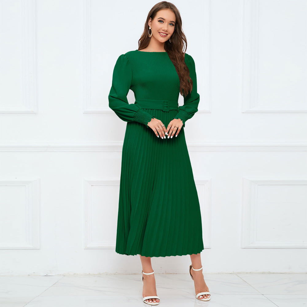 Round Neck Bubble Long Sleeve Pleated A Line Mid Length Slim Dress