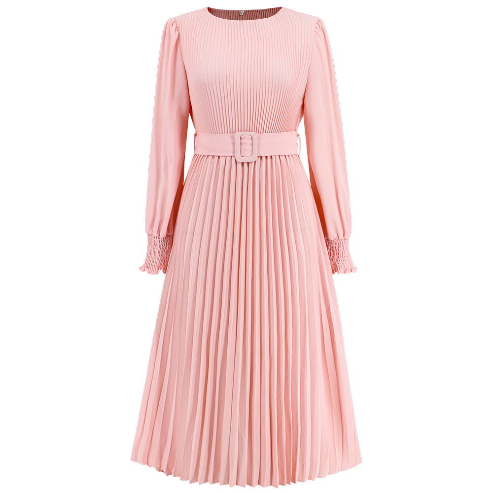 Round Neck Bubble Long Sleeve Pleated A Line Mid Length Slim Dress