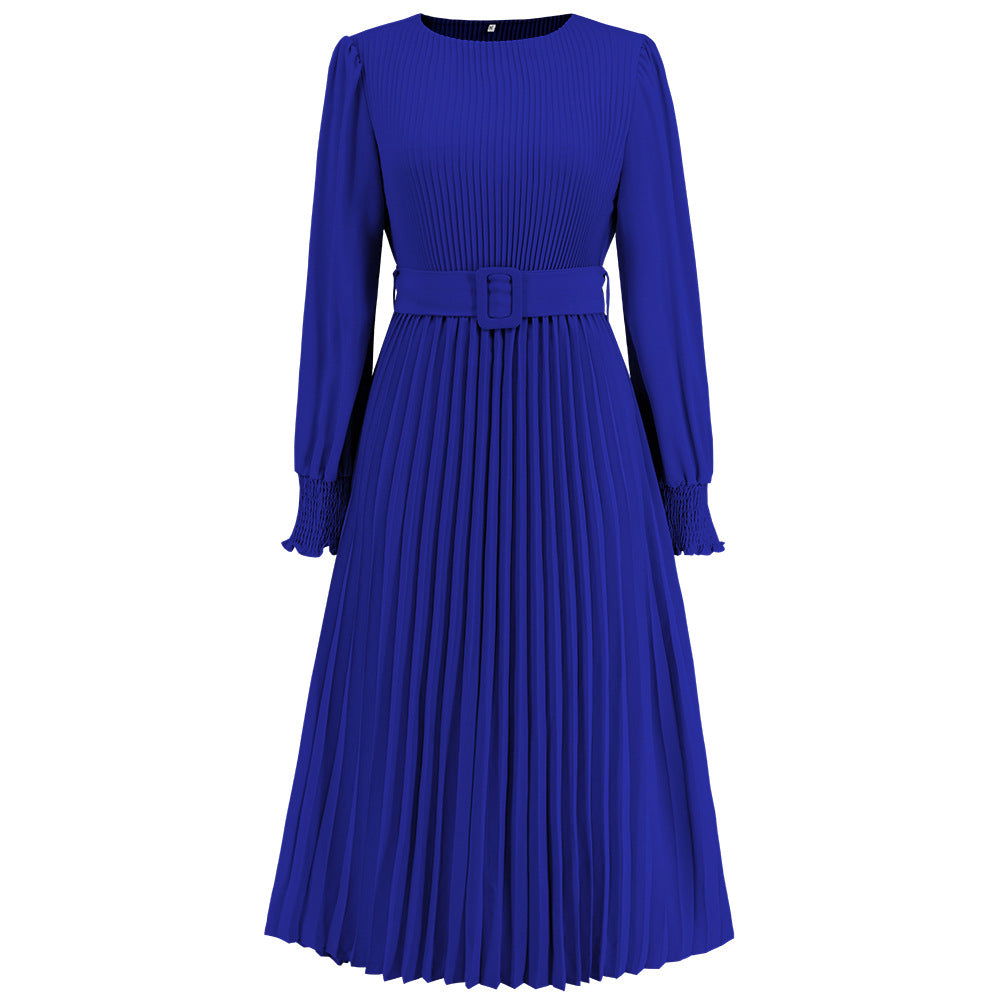 Round Neck Bubble Long Sleeve Pleated A Line Mid Length Slim Dress