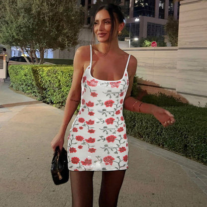 Backless Slim Fit Printed Sequin Slip Dress Hip