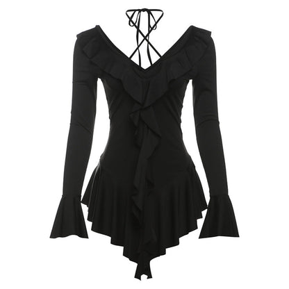 Deep V Plunge Tied Slim Fit Short Solid Color Stringy Selvedge Long Sleeve Dress