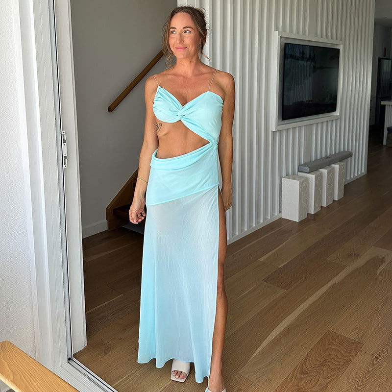 Twist Front Waist Cutout High Slit Mesh Maxi Dress