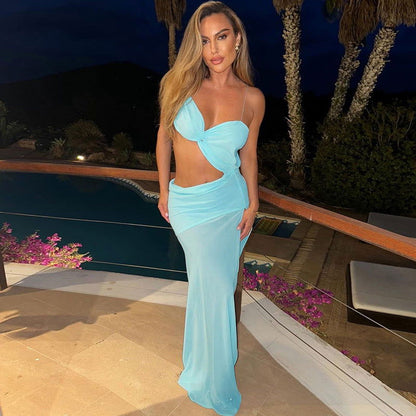 Twist Front Waist Cutout High Slit Mesh Maxi Dress