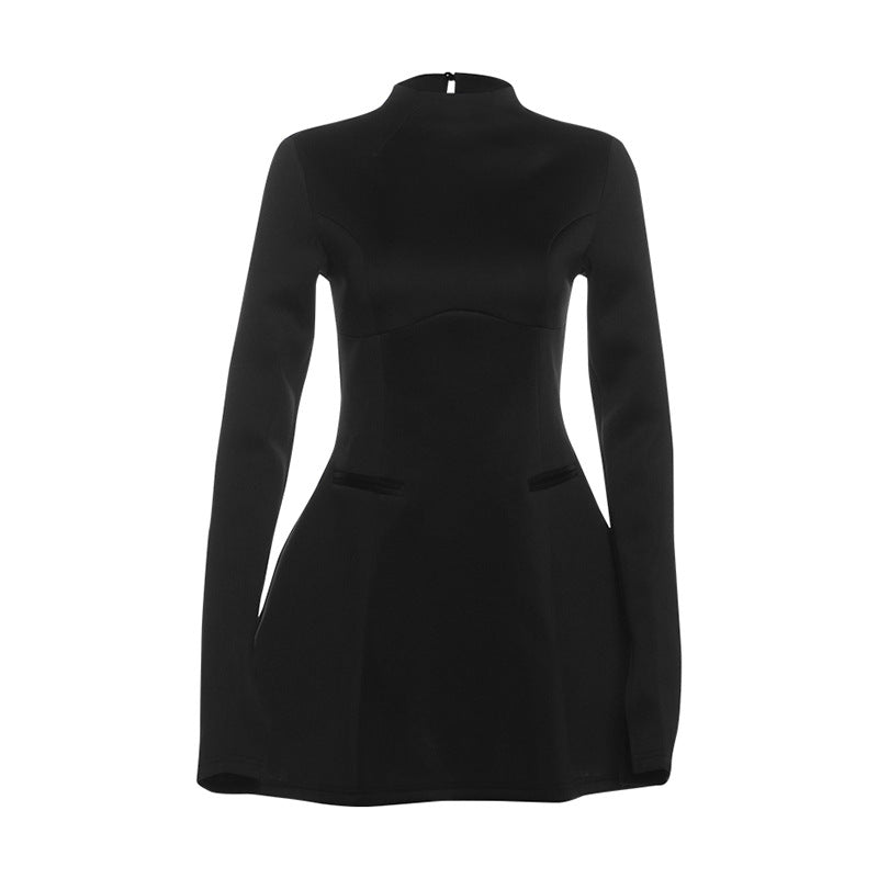 Mock Neck Long Sleeve Bustier Seam Structured Peplum Mini Dress