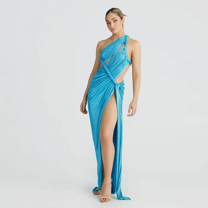 Oblique Shoulder Cutout Slim Sheath Evening Dress