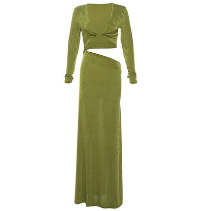 Deep V Plunge neck Solid Color Slim Fit Sheath Long Sleeve