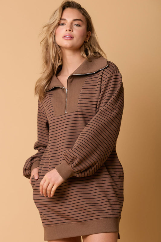 Long Sleeve Polo Collar Stripes Skirt Loose Casual