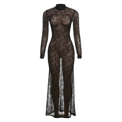 's High Collar Lace Maxi Dress Cutout Slim Long Sleeve